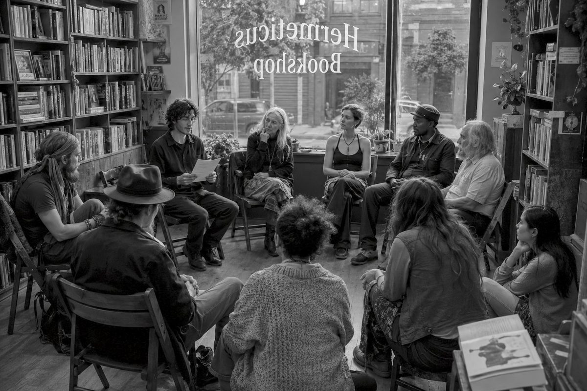 Poets and listeners gathered in a circle for a reading inside Hermeticus Bookshop, the shop's front window and book-lined shelves behind them.