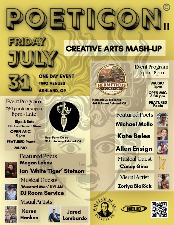 POETICON II poster — a one-day Creative Arts Mash-Up on Friday, July 31, in Ashland, Oregon, with a stylized golden portrait of William Blake behind bold black lettering and small photographs of the featured artists.